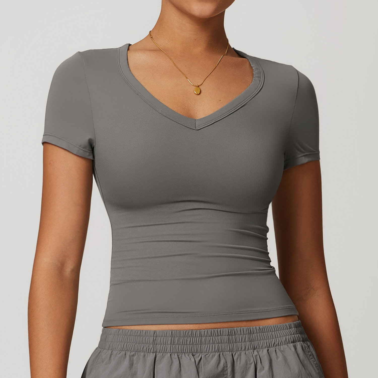 Soft Fabric Sweethert Neckline Short Sleeves Yoga Tops 8694