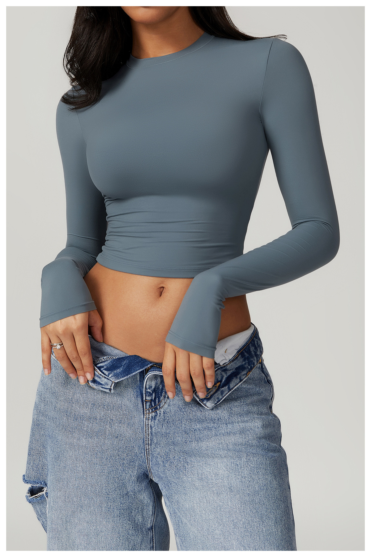 Soft Fabric Silm Long Sleeves Crop Top Without Cups 8743