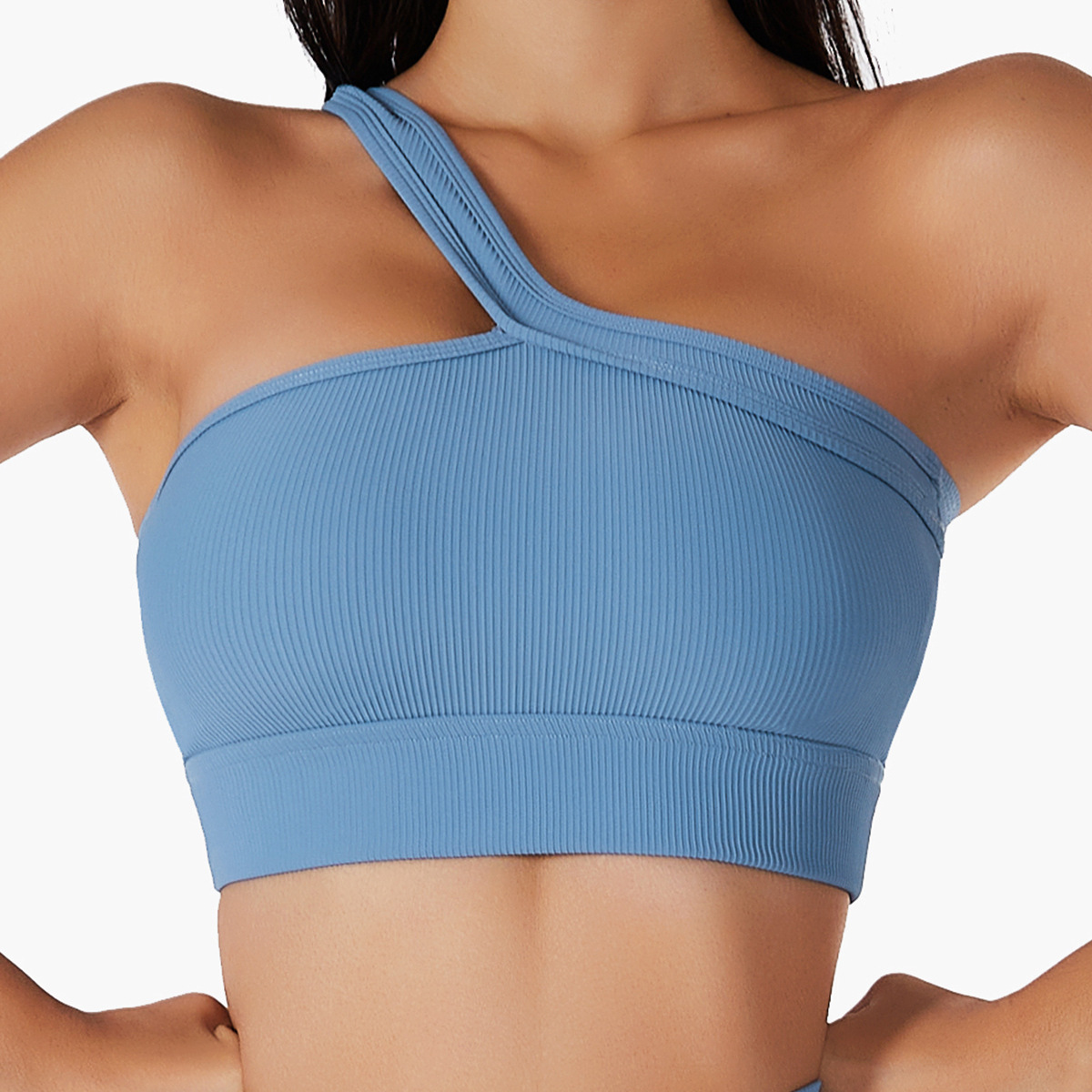 Ribbed One Shoulder Wide Hem Yoga Bra 6256