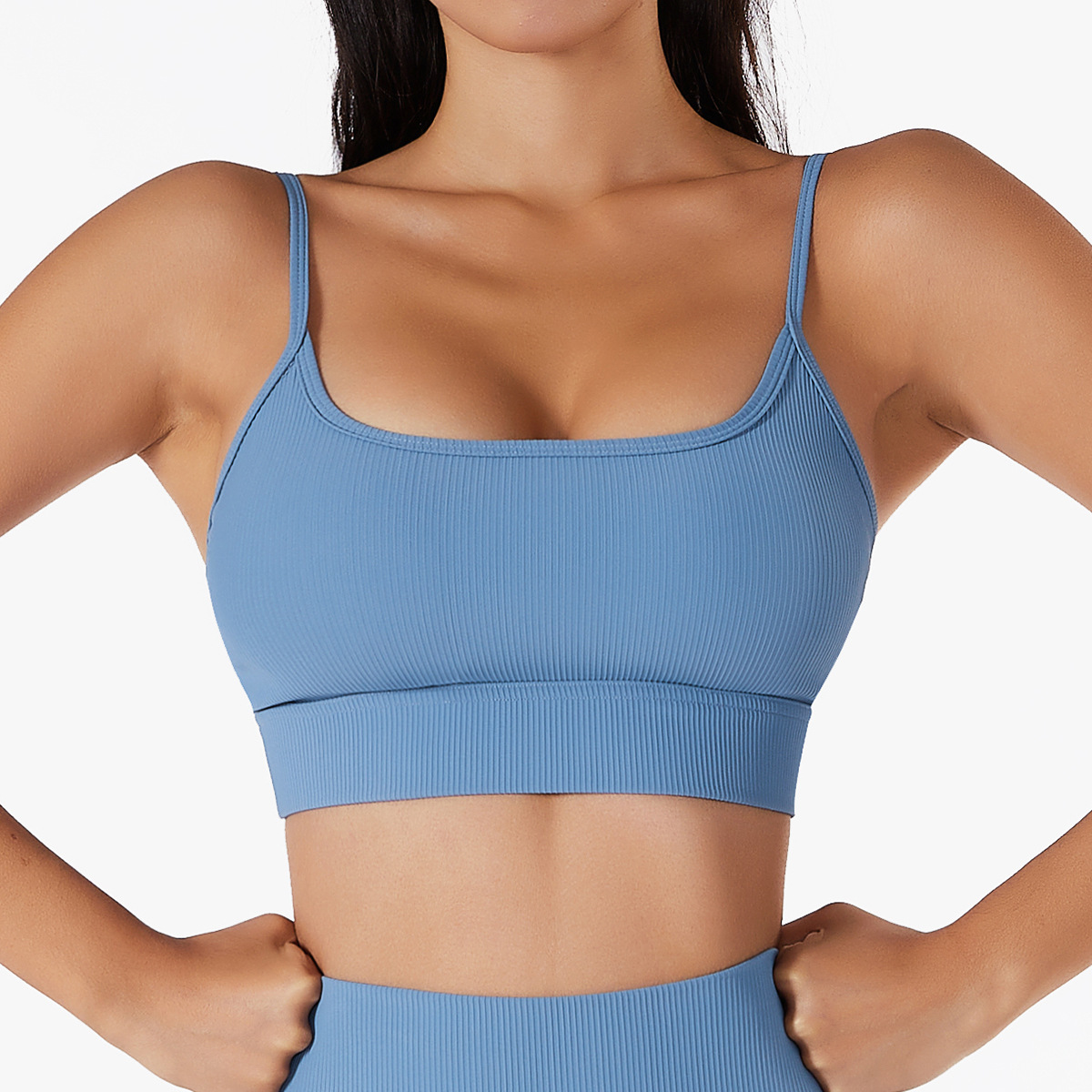 Ribbed Double Thin Straps Wide Hem Yoga Bra 6256