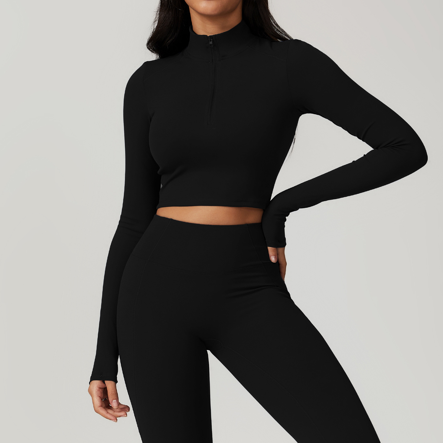 Soft Fabric Half Zip Yoga Top With Thumb Hole