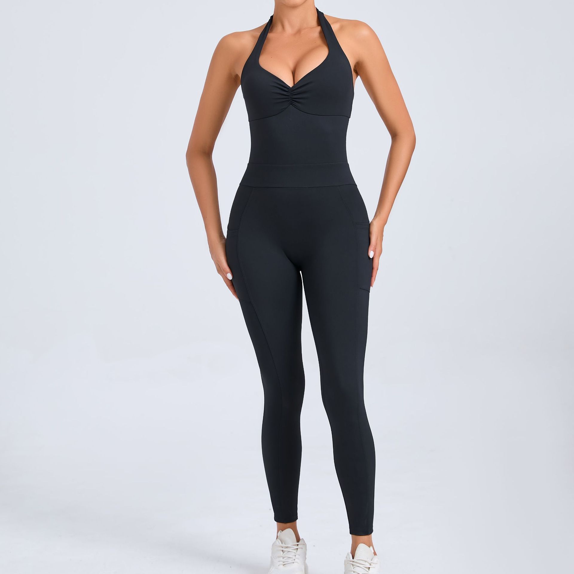 Hanging Neck With Pockets On Both Sides Backless Fitness Tight Sports Jumpsuit  QS520166