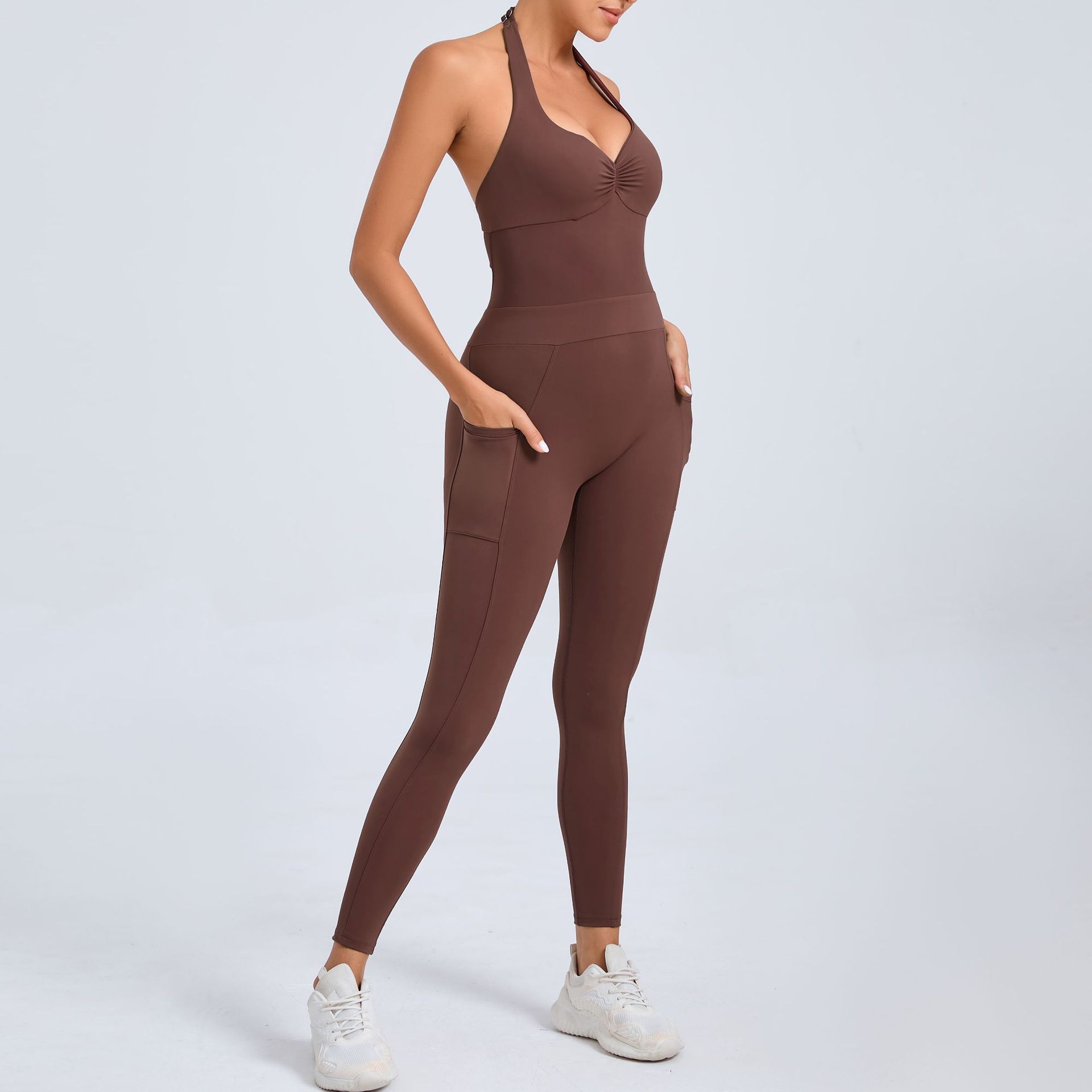 Hanging Neck With Pockets On Both Sides Backless Fitness Tight Sports Jumpsuit  QS520166