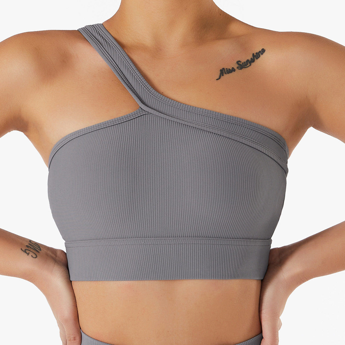 Ribbed One Shoulder Wide Hem Yoga Bra 6256