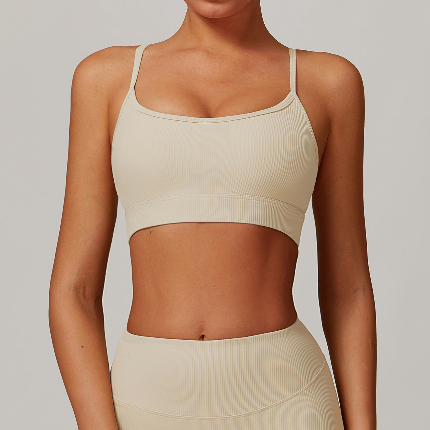 Ribbed Double Thin Straps Wide Hem Yoga Bra 6256