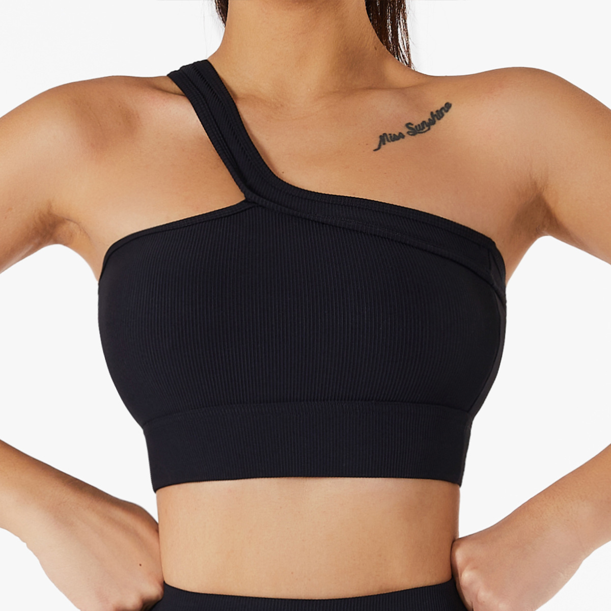 Ribbed One Shoulder Wide Hem Yoga Bra 6256