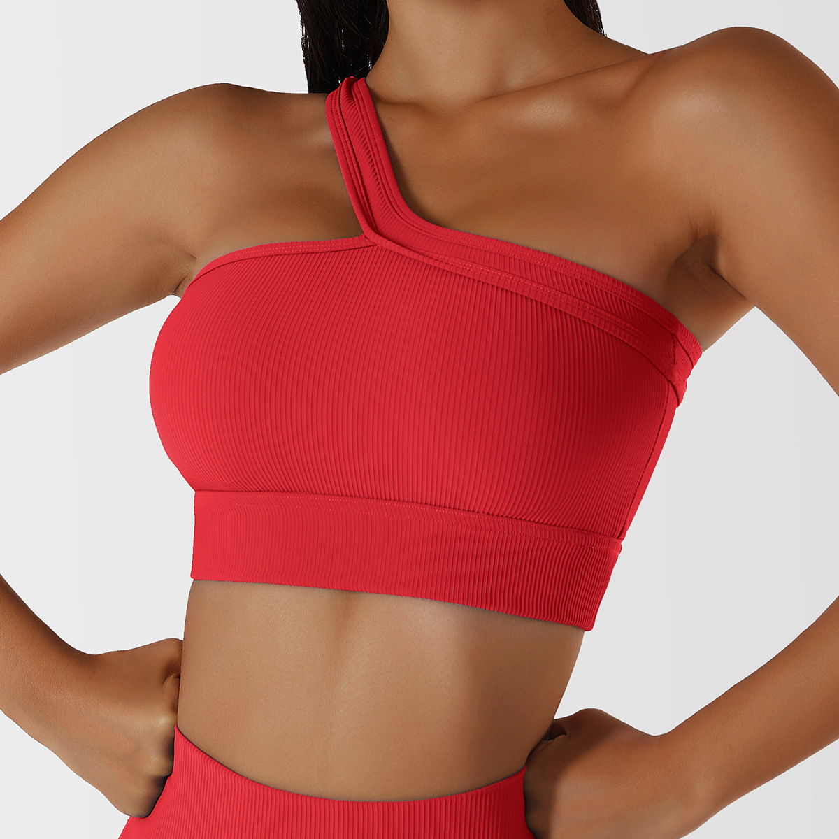 Ribbed One Shoulder Wide Hem Yoga Bra 6256