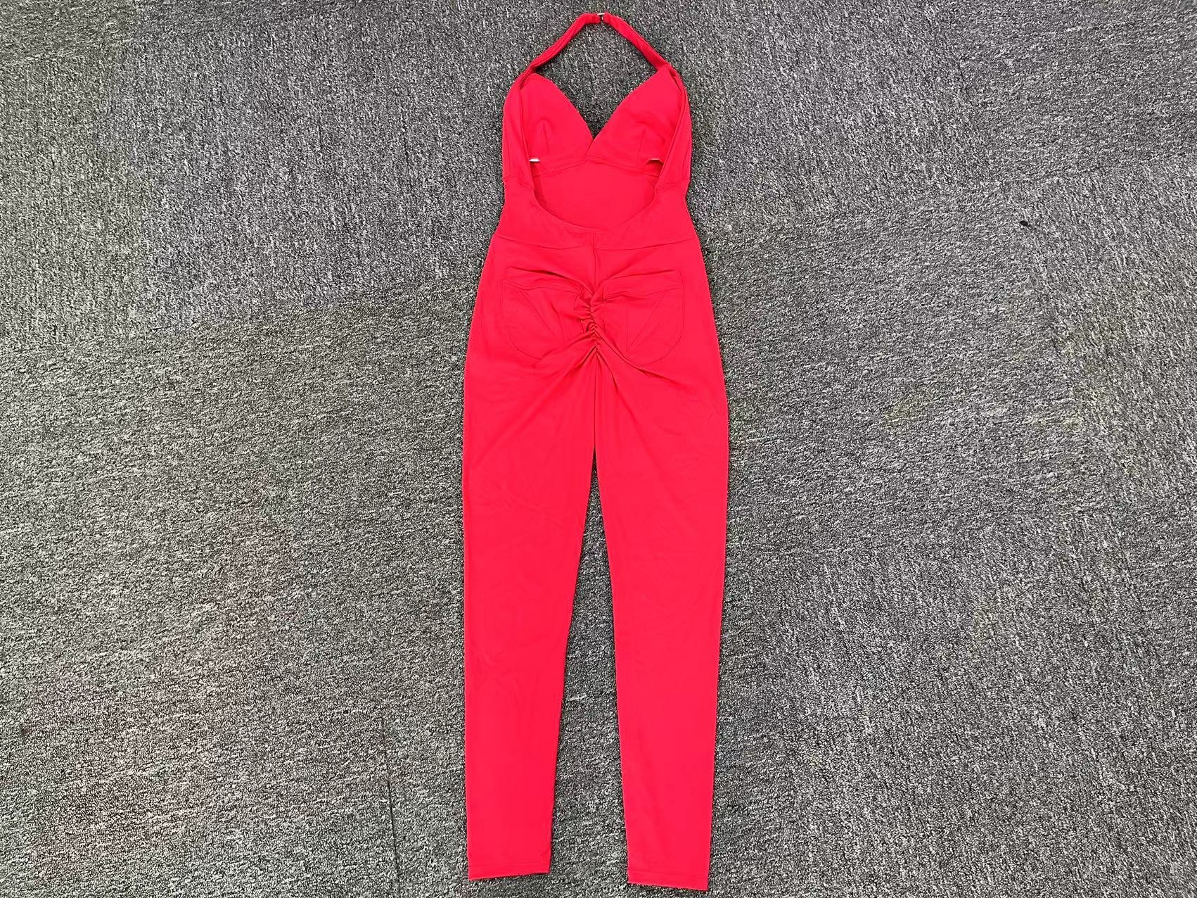 Halter-neck Backless With Pleated Pockets Peach Butt Jumpsuit  QS9150