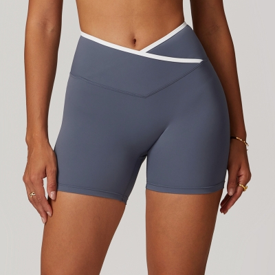 Soft Fabric Contrast Binding Cross Wasit Yoga Shorts 8843