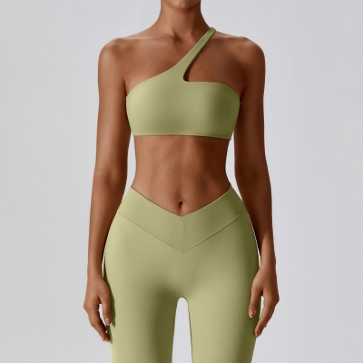 SKL-TZ8110 IREGULAR SLANT BRA SEAMLESS VNECK WAIST LEGGINGS YOGA SET