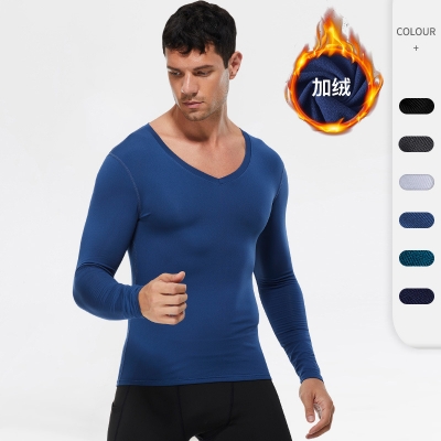 Men V Neck Fitness Long Sleeve Shirt With Velvet 01511